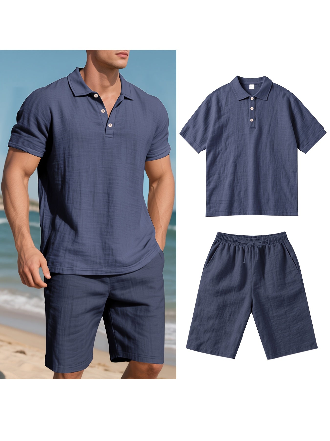 Essential for a Cool Summer! Men's Linen Shirt & Shorts Set, Comfortable Casual Outing Choice - Simple Beach Vacation Style Solid Color Linen