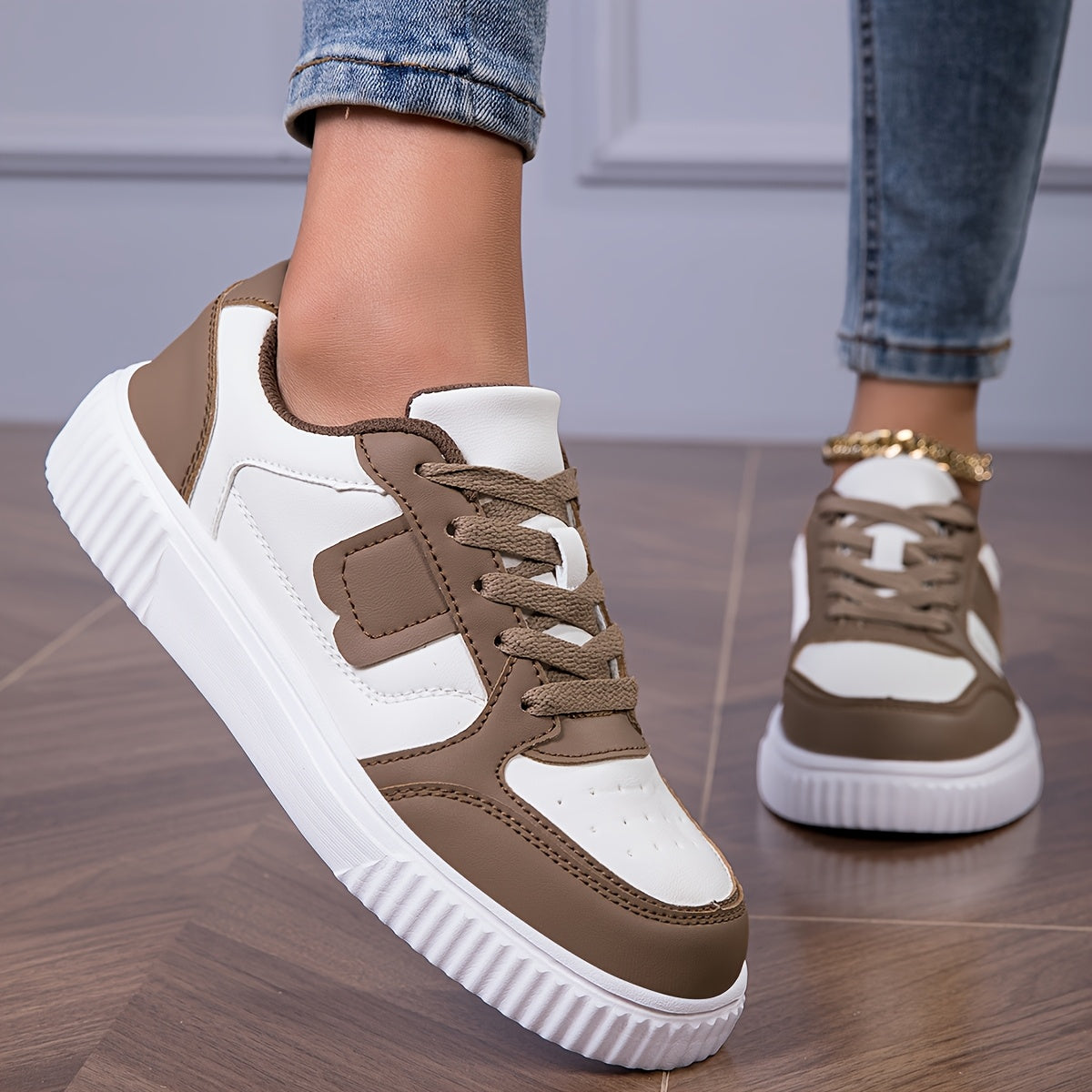 Women's Plus Size Lightweight Casual Sneakers - Thick Sole Slip-Resistant EVA Sole, Breathable Mesh Lining, Round Toe Lace-Up Design, All-Season Comfort, Two-Tone Color Options (White/Brown)