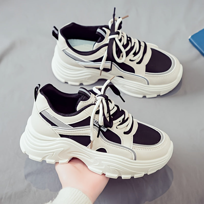Women's Trendy Chunky Sneakers - Breathable Lace-Up Dad Shoes with Thick PVC Sole, White Beige Two-Tone Design, Versatile Low-Top Style for Casual Attire