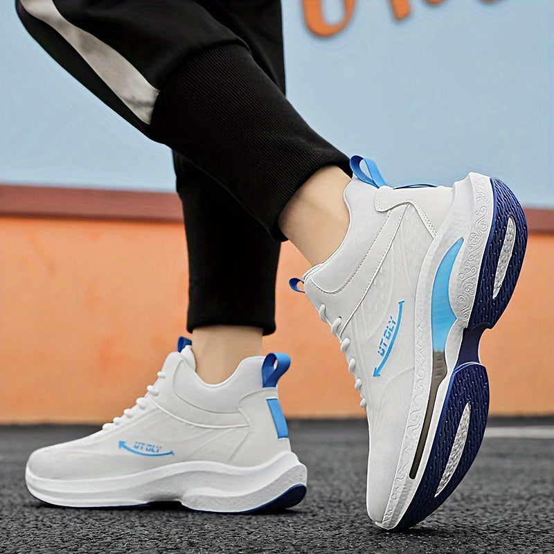 Men'S High-Top Lace-Up Athletic Sneakers - Breathable Fabric, PVC Sole, EVA Insole, Stylish Blue White Design for Casual and Outdoor Activities, Everyday Sneakers Sporty Casual Shoes Durable PVC Sole