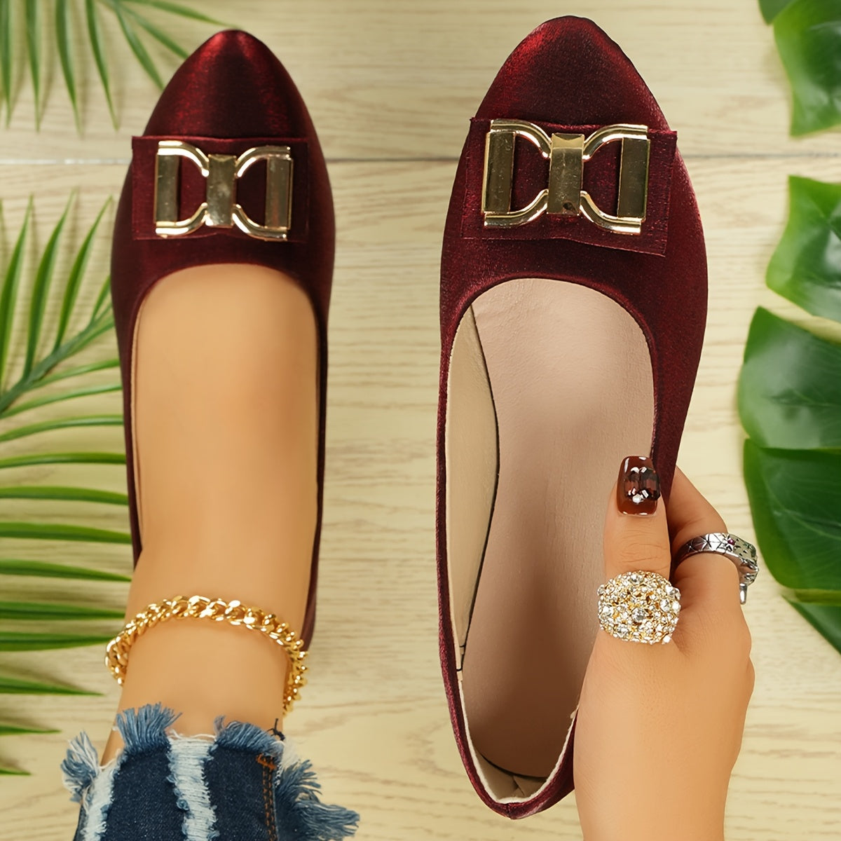 Women's Elegant Red Slip-On Flats with Golden Double Buckle Design - Comfortable Faux Cover Shoes for All Seasons, Pointed Toe Rubber Sole, Perfect for Casual or Dressy Occasions, Dressy Flats Buckle Embellished Shoes Lux