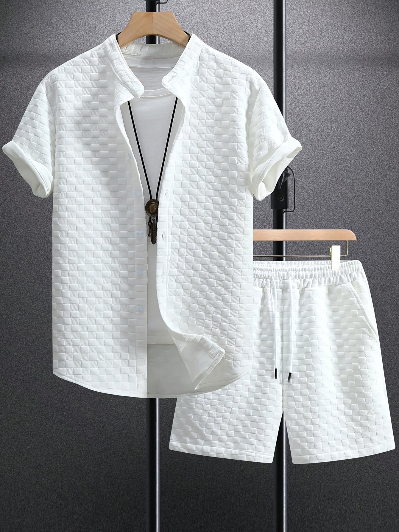 Men's Set Shirt Short Sleeve Shorts Thick Solid Color Knit Jacquard Casual Comfort High-Quality Two-Piece Set
