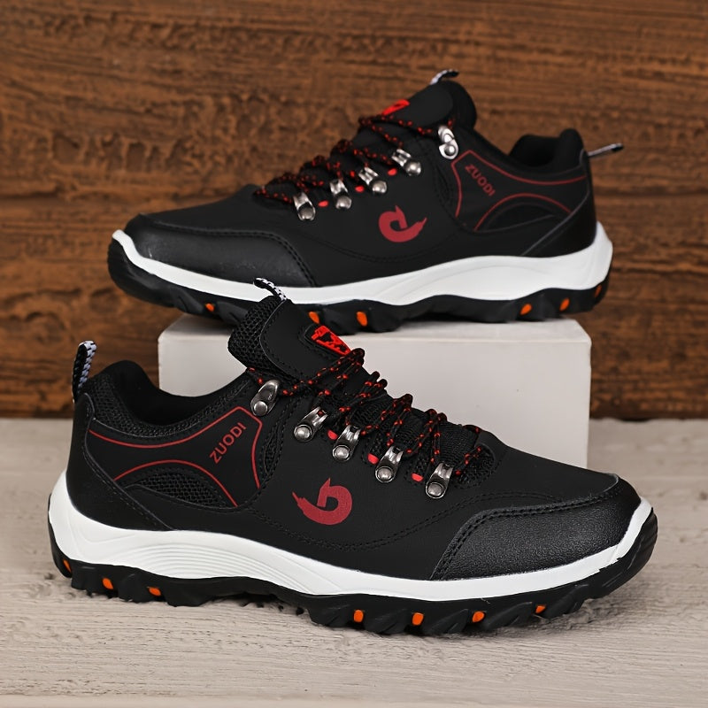 Men's Low-Top Lace-Up Outdoor Hiking Shoes, Durable Non-Slip Rubber Sole All-Season Sports Footwear with Plain Toe, PU Upper, Fabric Inner & Insole for Camping, Climbing - Black with Orange Accents, Allseason Sports Shoes | C