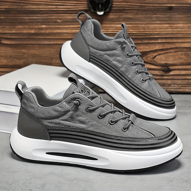 Men's Breathable Casual Sneakers - 2025 Spring New Design, Low-Top Elastic Lace-Up, Grey White PU Upper with Cushioned EVA Insole Durable PVC Sole for All-Season Outdoor Running, Gym, Daily Wear, Gym Shoes, Sleek Sporty D