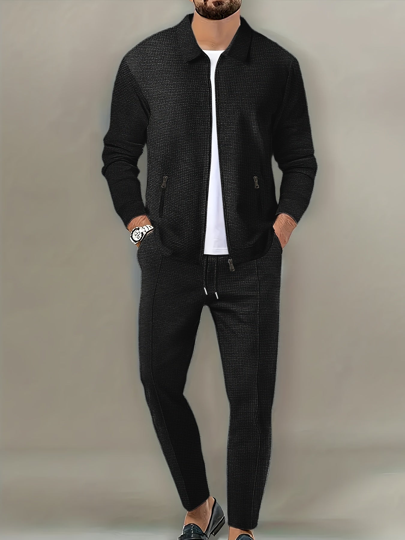 Men's Spring Waffle Knit Sportswear Set, European and American Style Casual Outfit