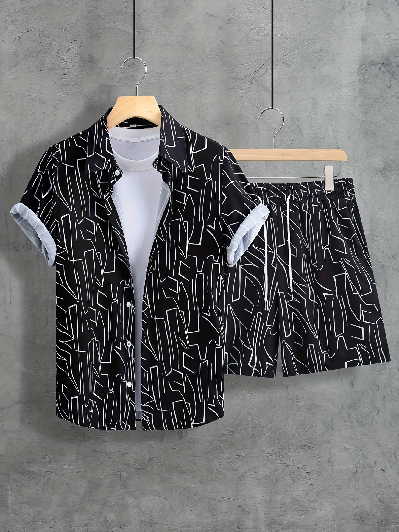 Men'S Summer Casual Short Sleeve Shirt and Shorts Set, Geometric Pattern, Square Neck, Regular Fit, 100% Polyester, Woven Fabric, 120g/m² - Black