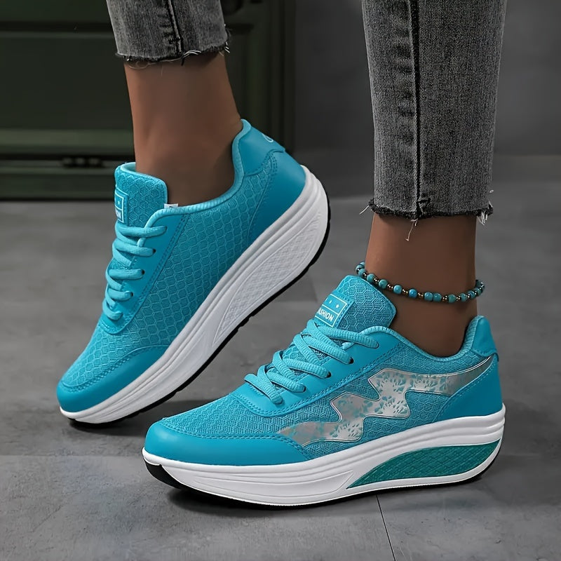 Women's Light Blue Breathable Mesh Sneakers - Air-Cushioned, Thick-Soled Sneakers with Sport Control Lace-Up Design for All Seasons