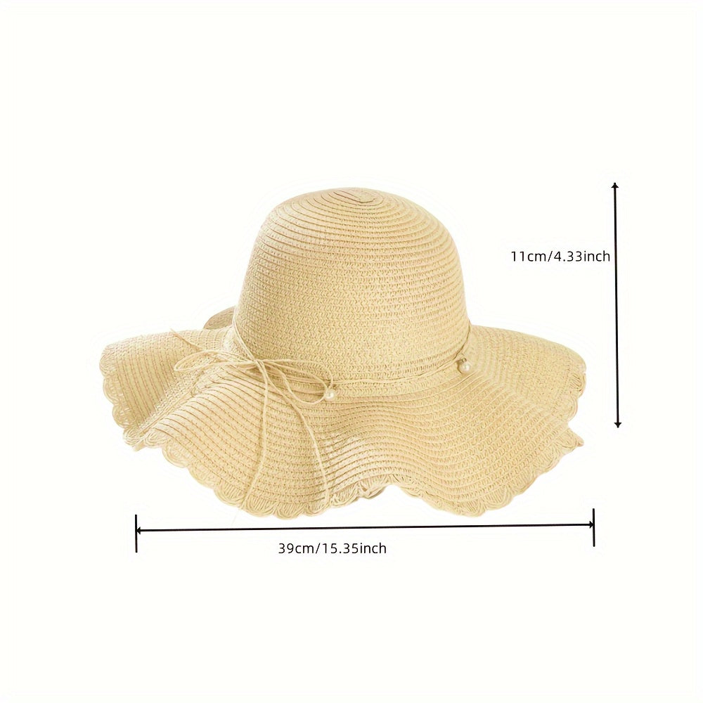 Women's Wide Brim Straw Sun Hat with Accents & Adjustable Ribbon - Protection Lace Trim Beach Wedding Casual Outdoor Hat for All Seasons