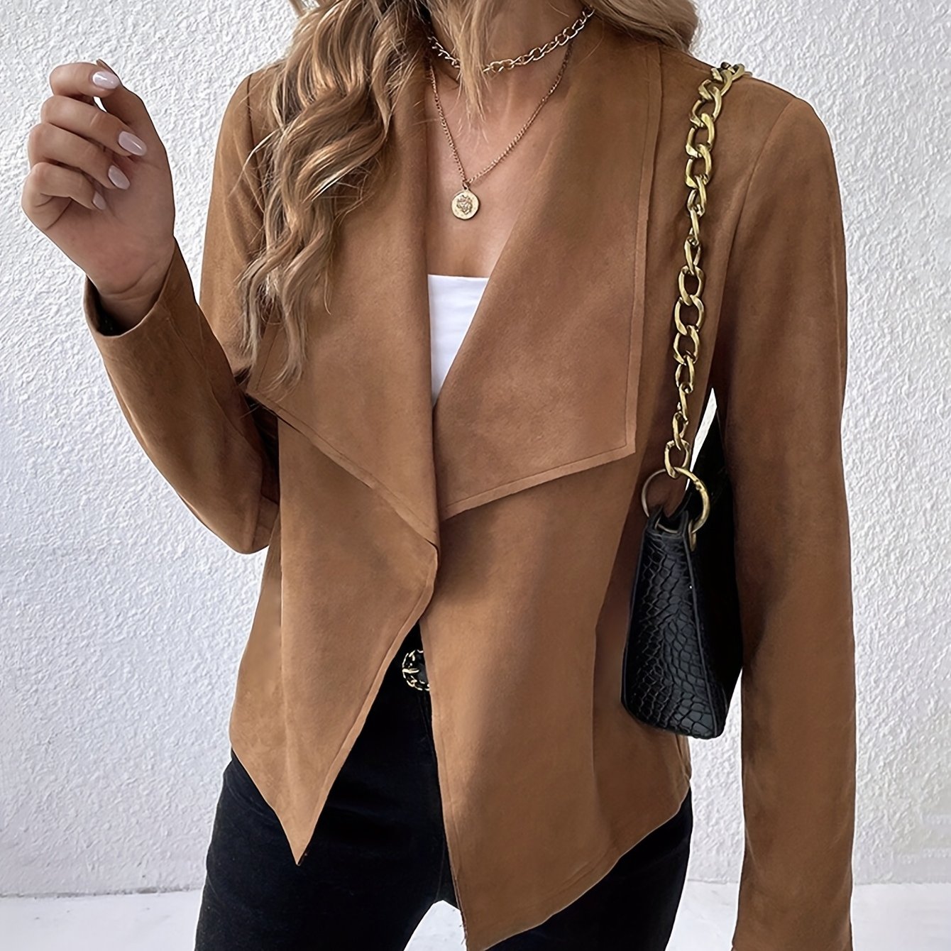 Plus Size, Olive Green Faux Fur Lapel Blazer - Stretchy Polyester Casual Jacket with Golden-Tone Chain Strap Shoulder Bag, Machine Washable Fall/Winter Outerwear for Women