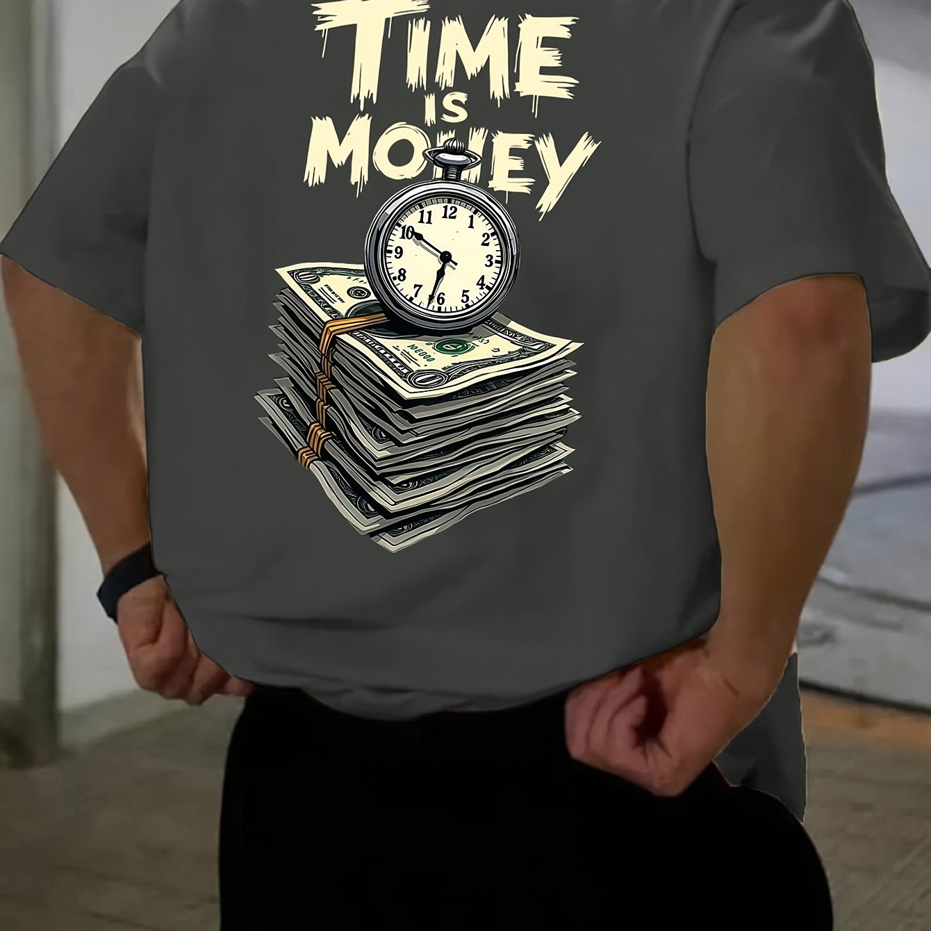 Men'S Casual Short Sleeve T-Shirt with "Time is Money" Clock Stack of Cash Graphic - Lightweight Polyester, Loose Fit, Round Neck, Perfect for Spring Summer Outdoor Wear, Relaxed Fit Shirt Bold Graphic Tee Glossy Text