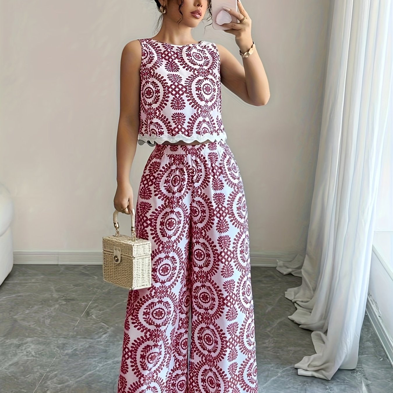 2pcs Women's Plant Pattern Round Neck Sleeveless Top and Pants Set