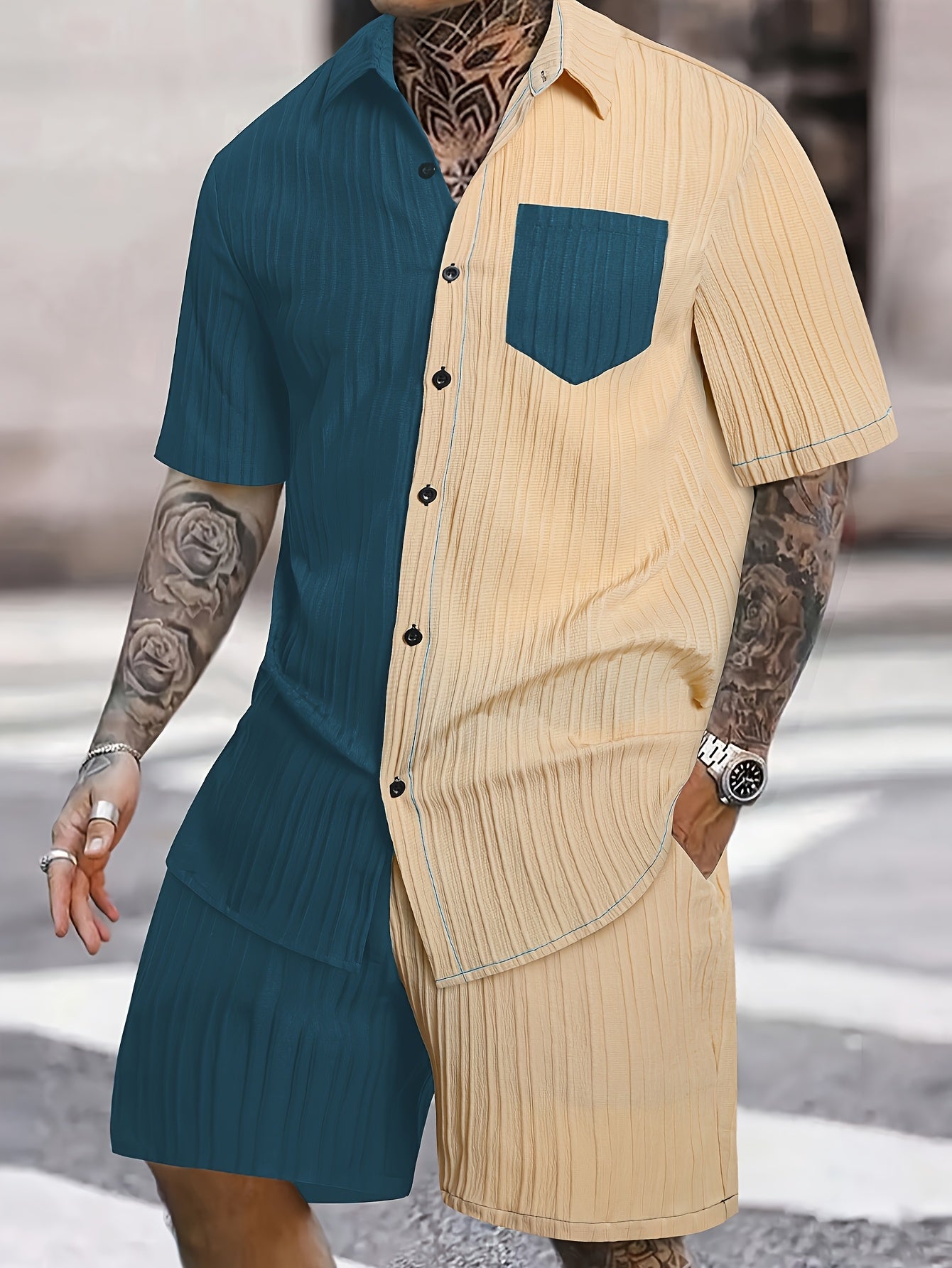 Men'S Casual Summer Polyester Shirt and Shorts Set, Regular Fit, Color Block, Lapel Collar, Slight Stretch Fabric, Lash Sets, Active Wear