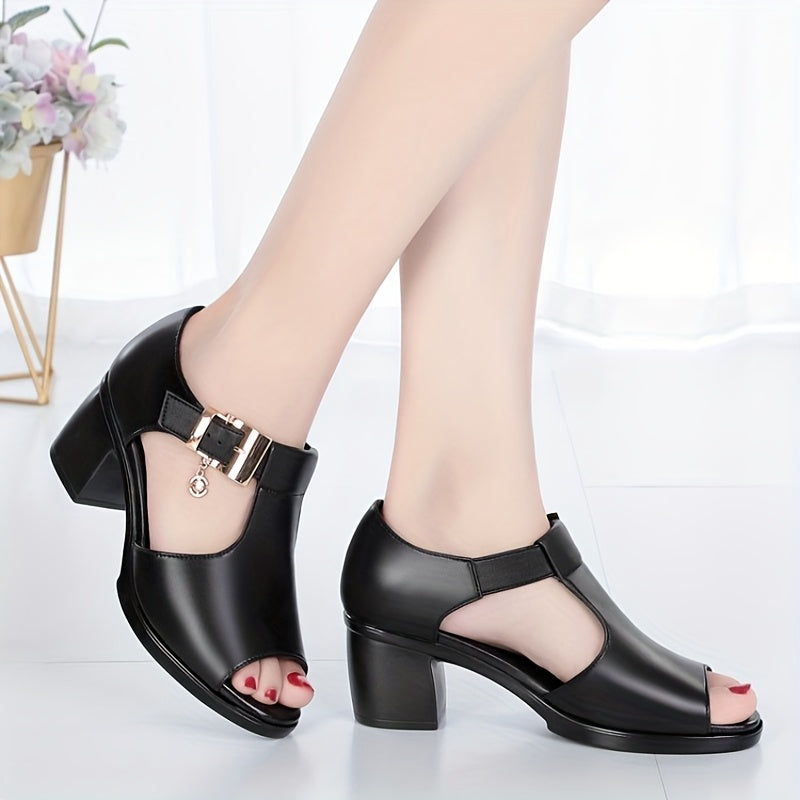 Elegant Women'S Open-Toe Chunky Heel Shoes - Comfortable Mid-Height with Golden Buckle Strap, Breathable Cut-Out Design, Shock-Absorbing Insole Durable Rubber Sole for Summer Casual Formal Occasions, High Heel Footwear, D