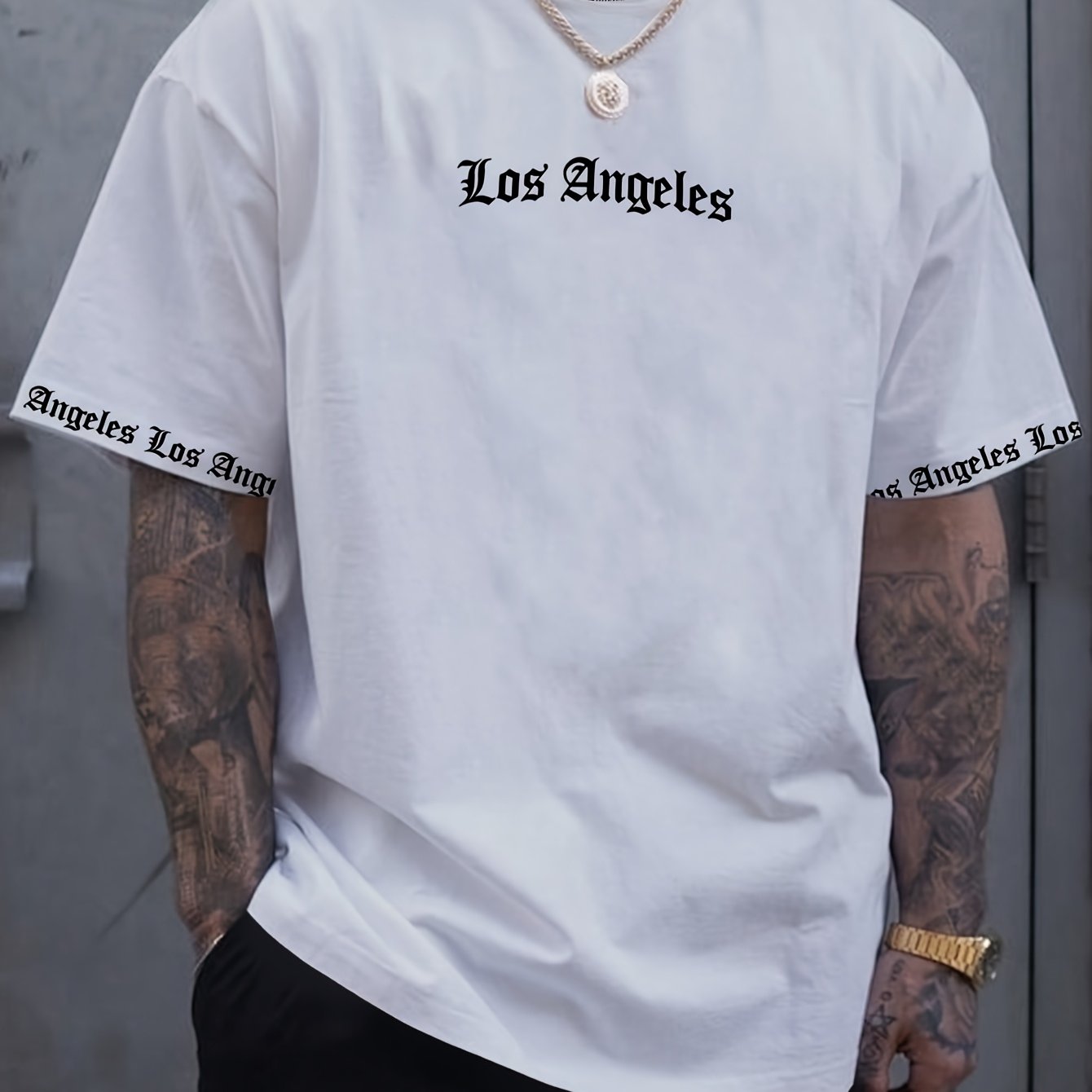 OBM Men's Casual Los Angeles Graphic Print T-Shirt - 100% Polyester Summer Short Sleeve Tee, Breathable Round Neck Regular Fit Machine Washable, Everyday Comfort, Bold Text Style, Smooth Texture
