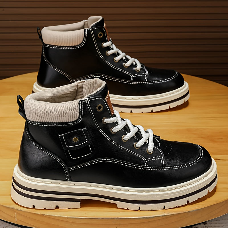 Men'S Retro British Style Mid-Top Work Boots - Black Faux Cover with White Laces, Durable PVC Sole, Comfortable Fabric Lining for Casual & Streetwear, Spring/Fall Footwear, Streetwear Footwear | Retro Style Boots | Durable PV