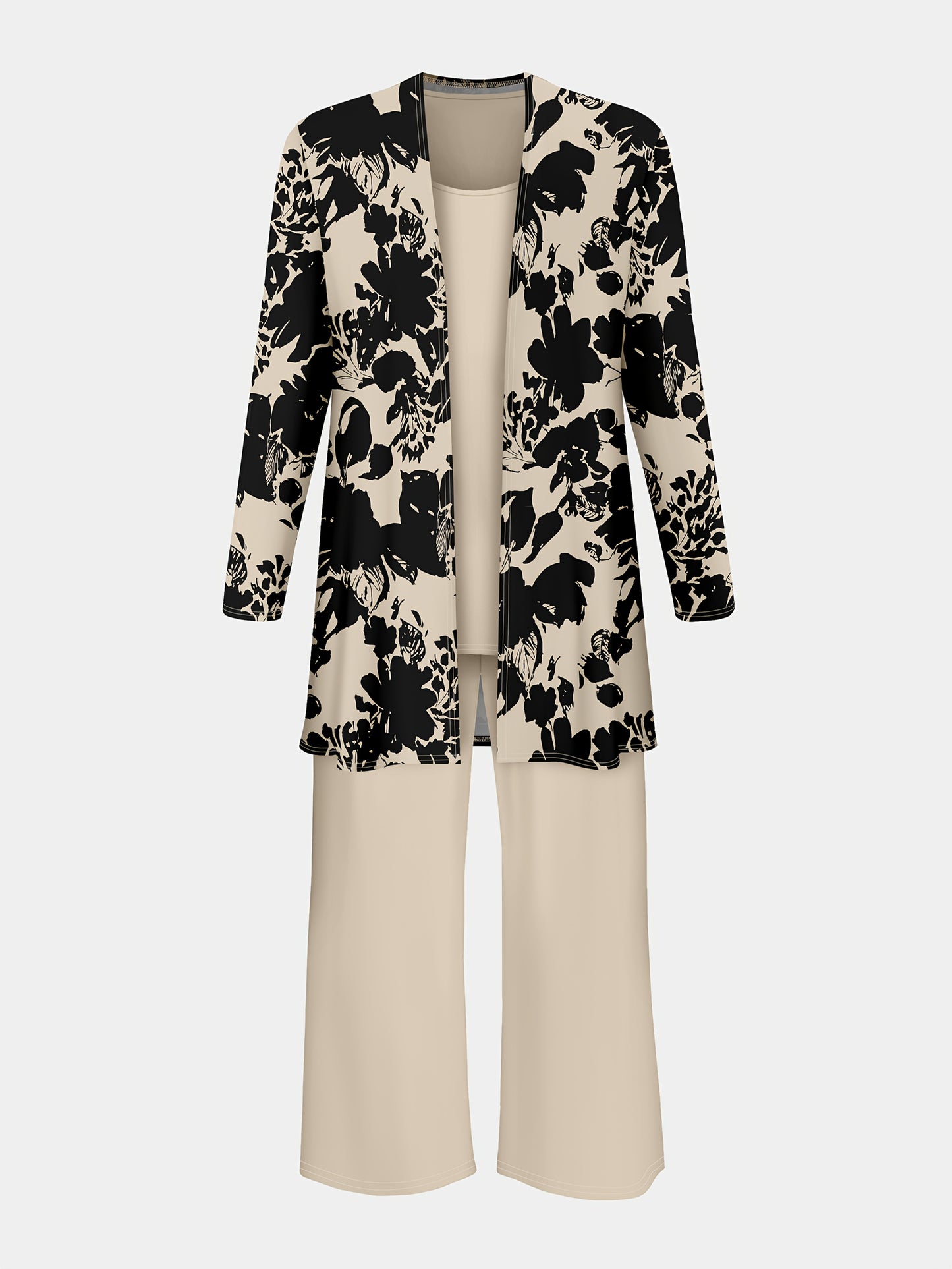 Plus Size, A three-piece set of elegant and unique female plus-size floral printed top and solid-colored vest and trousers