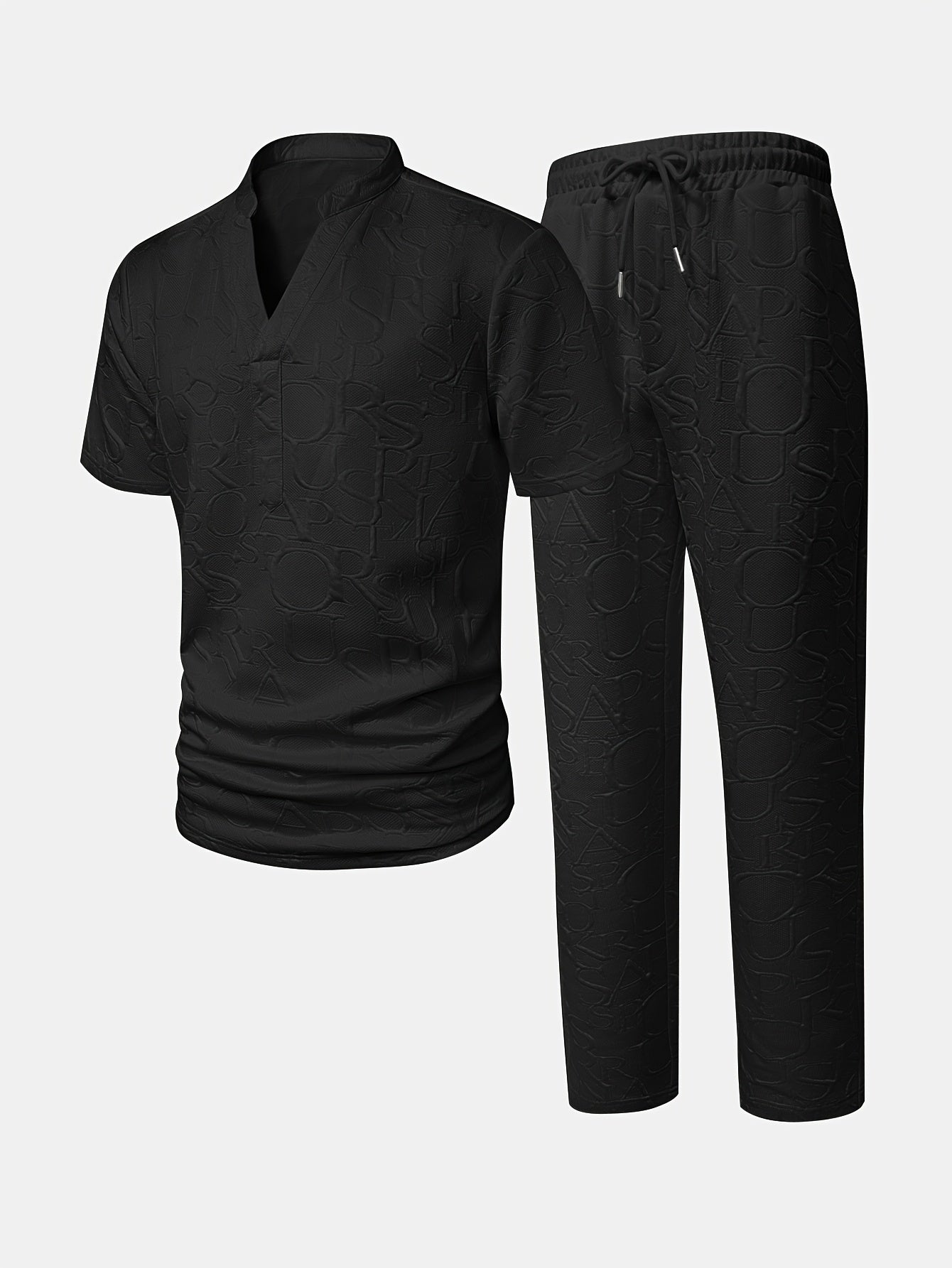 Men'S Stand Collar Loose V-Neck and Drawstring Waist Pants Henley Shirt Set