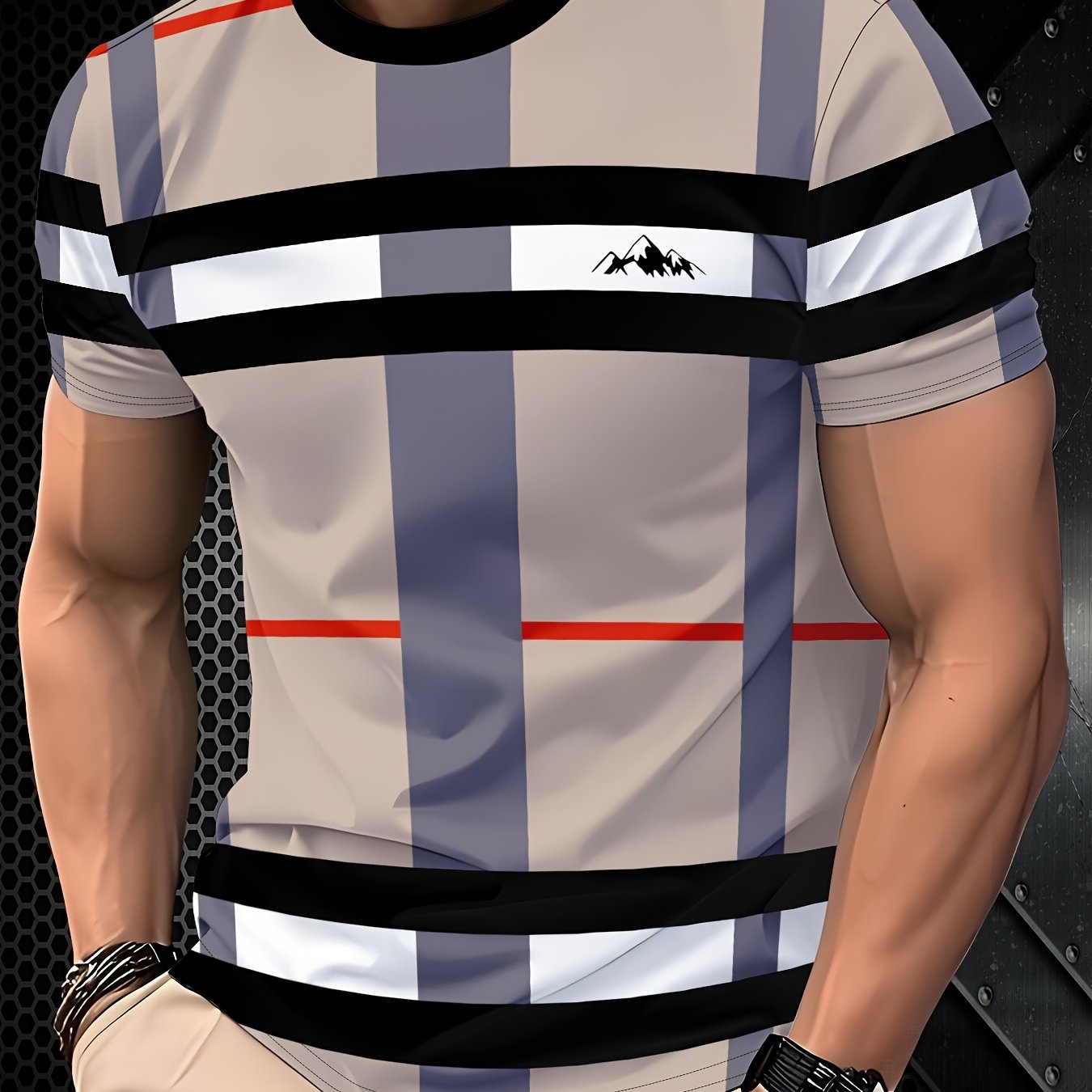 Men'S Casual Striped T-Shirt with Mountain Logo - Short Sleeve, Crew Neck, Lightweight Polyester, Summer Fashion, Casual Wear Striped Pattern Lightweight Fabric