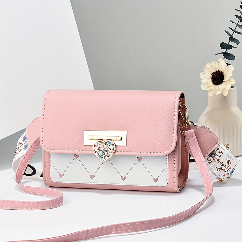 Chic Versatile Women’s Shoulder Bag with Cute Heart Pattern - Adjustable Strap, Magnetic Closure, in Pink, Green, Blue, Black, Casual Crossbody Bag | Playful Heart Design | Decorative Zipper Charm