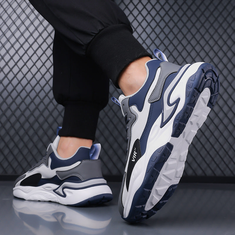 Men's Stylish Color-Block Sneakers - Black Gray with White Accents, Comfortable All-Day Wear, Durable Rubber Sole, Lace-Up Design, Trendy Low-Top Style for Casual or Athletic Use, Casual Sneakers Fashion Sneakers Pu Mat