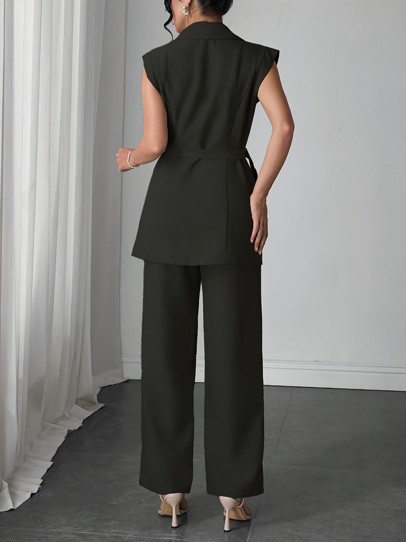 Stylish Women'S Elegant Modern Two-Piece Set with Side-Waist Design, Solid Color Sleeveless Jacket and Pants for Spring/Summer