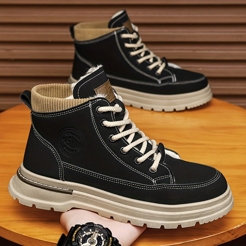 Men's Winter Snow Boots with -Like Collar & Thick Ankle - Upper, PVC Traction Tread, Lace-Up Ankle-High Trekking Boots for Ice, Snow, Hiking, - Warm Outdoor & Casual