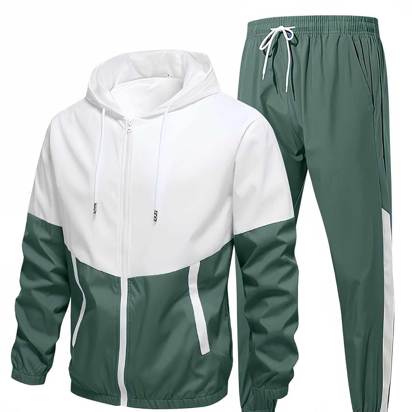 2pcs Men'S Casual Sportswear Set - Color Block Hooded Jacket and Pants, Polyester, Machine Washable, All-Season, with Pockets, Regular Fit, Spring Sportswear|Hooded Sportswear|Machine Washable Fabric