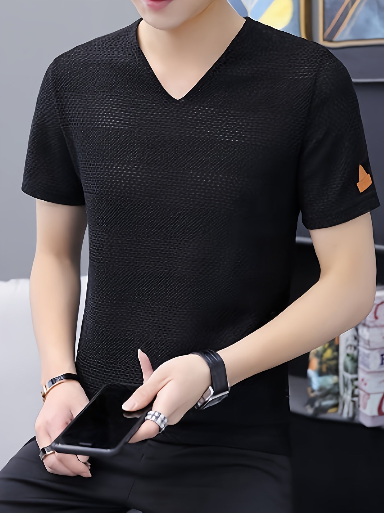 Men's Short-Sleeve T-Shirt Summer Hollow-Out Cool High-End Half Sleeve Breathable Non-See-Through