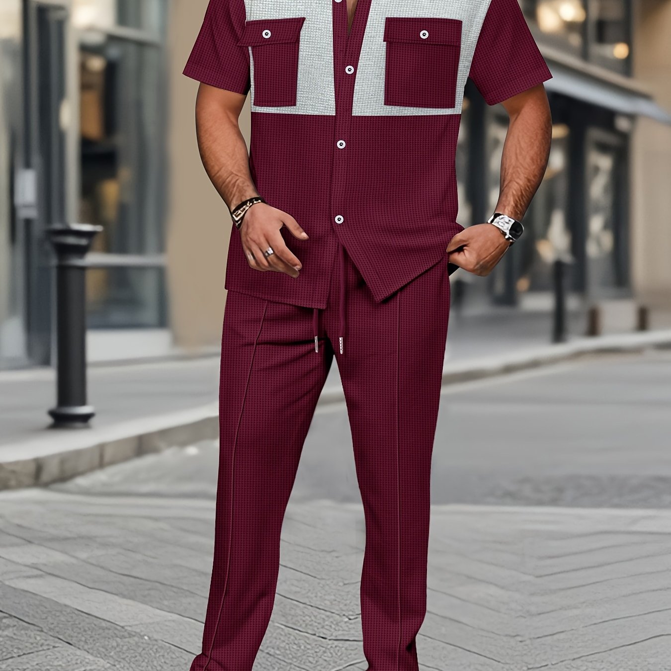 Men's Summer Two-Piece Set, Waffle Fabric Contrast Color with Pockets Short-Sleeved Shirt + Casual Trousers Suit, Leisure Light Business Vacation Daily Multiple Scenes