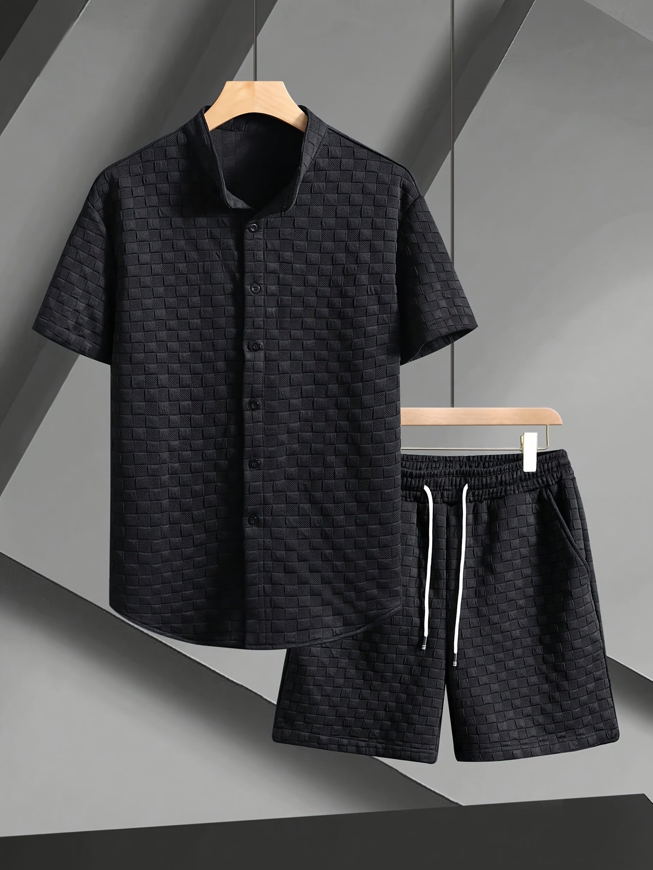 Men'S Casual Athletic Short Sleeve Shirt & Drawstring Shorts Set - Navy Blue, Lightweight Polyester, Perfect for Beach, Camping, and Outdoor Activities, Beach Attire | Stylish Casualwear | Lightweight Fabric