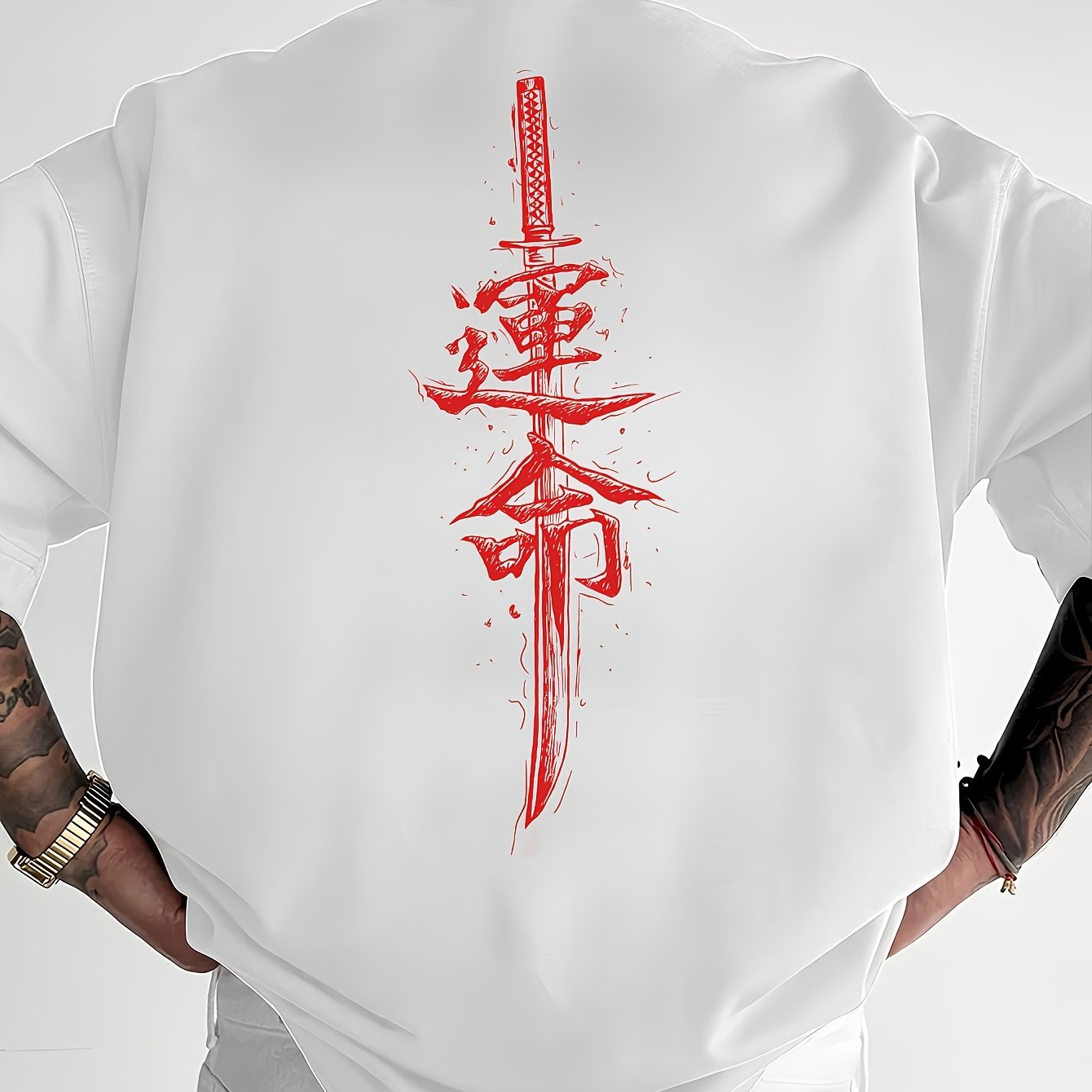 Men'S Japanese Samurai Sword Graphic T-Shirt - Casual Loose Fit Crew Neck, Short Sleeve Tee with Red Stylized Japanese Katanas Design, Breathable Polyester for Spring Summer Outdoor Wear