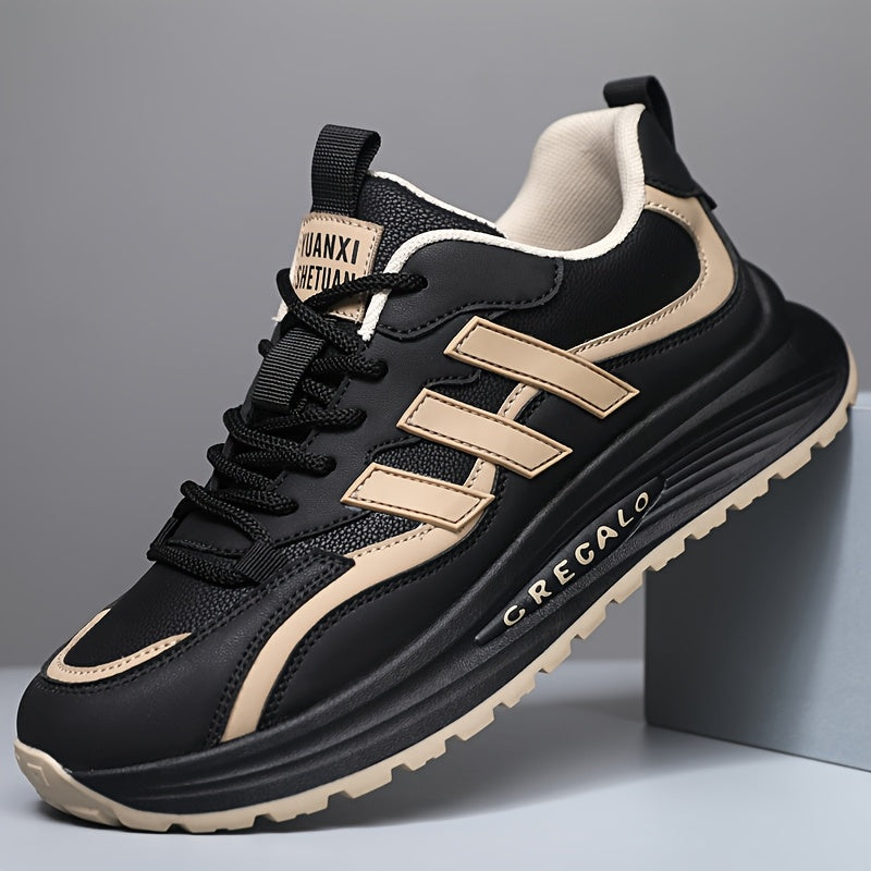 1 Pair of Men's Casual Sneakers, Comfortable Slip-Resistant, Black Beige Low-Top Shoes for Casual Attire, Trendy Street Style with Fabric Lining and Durable PVC Sole