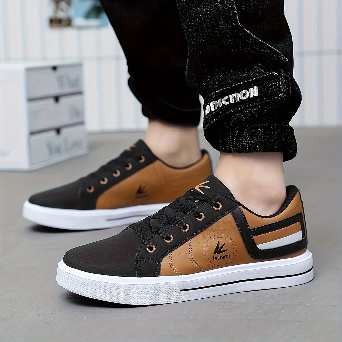Athletic Chic Men's Fashion Sneakers YY-9003, Casual Sports Low Top Lace-Up Shoes with Striped Microfiber Synthetic Upper, Fabric Inner EVA Sole for Outdoor Running
