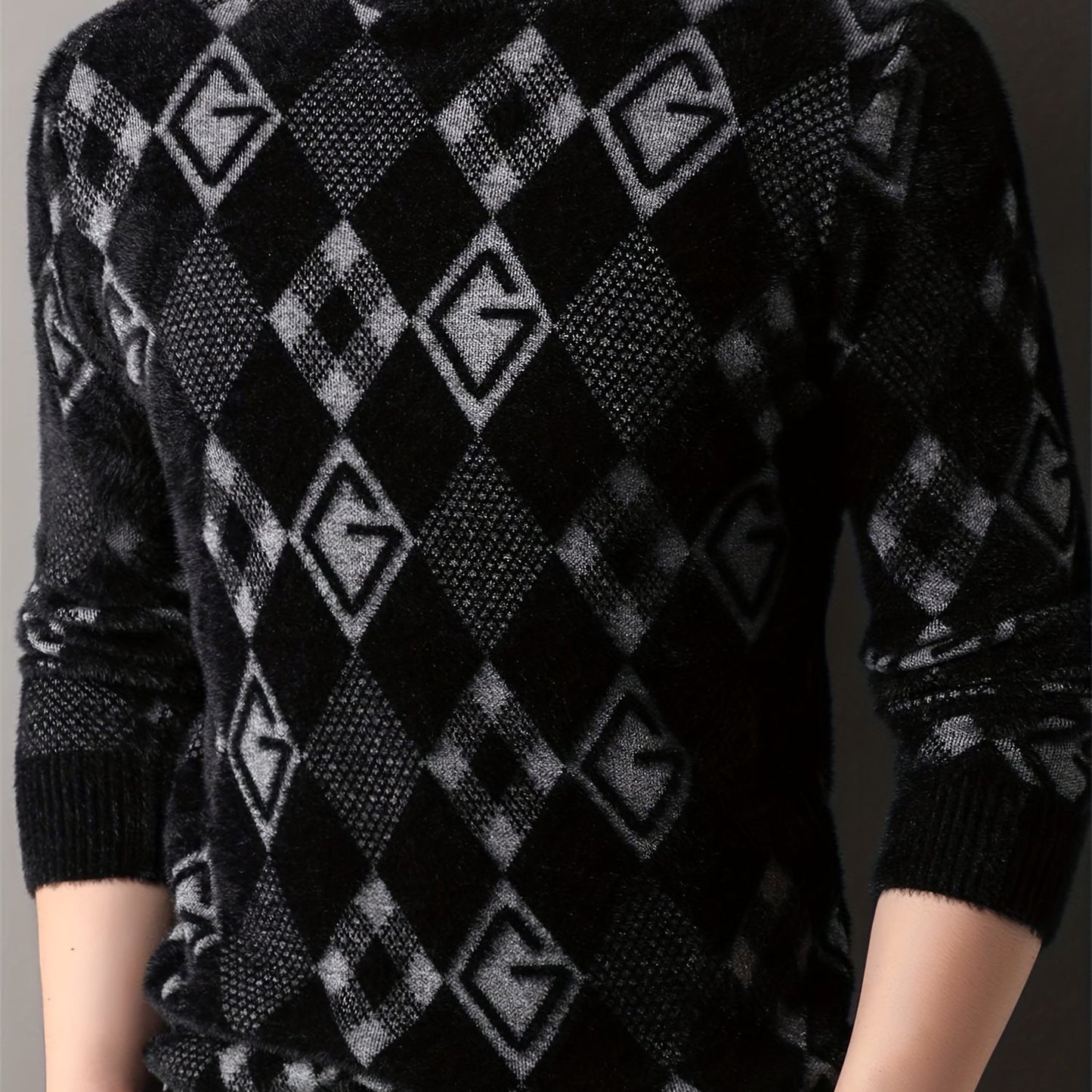 Maqiqi OBM Men's New Autumn/Winter Knit Pullover, Plaid Pattern Men's Sweater with Letter Decoration, Faux Mink Fur Round Neck Long Sleeve Men's Top, Soft and Comfortable Fabric, Suitable for Casual Outings, Men's Gift