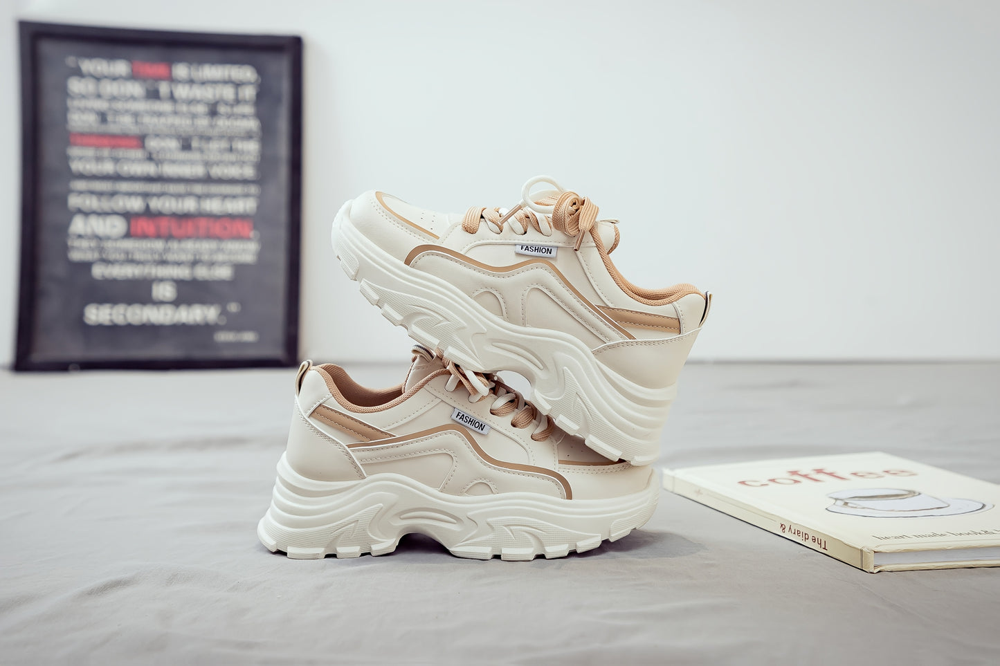 Women's Trendy Chunky Sneakers - Breathable Lace-Up Dad Shoes with Thick PVC Sole, White Beige Two-Tone Design, Versatile Low-Top Style for Casual Attire