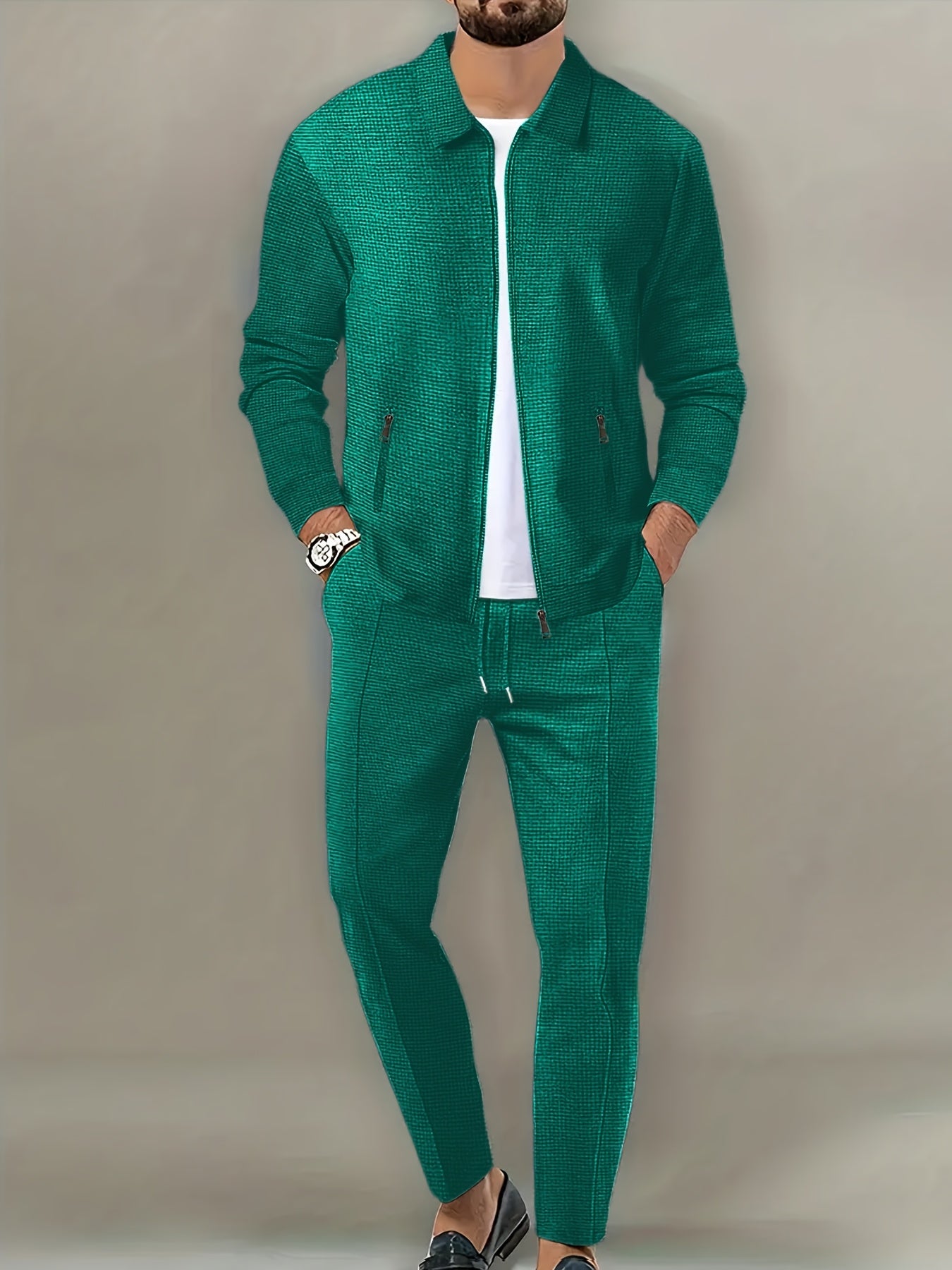 Men's Spring Waffle Knit Sportswear Set, European and American Style Casual Outfit