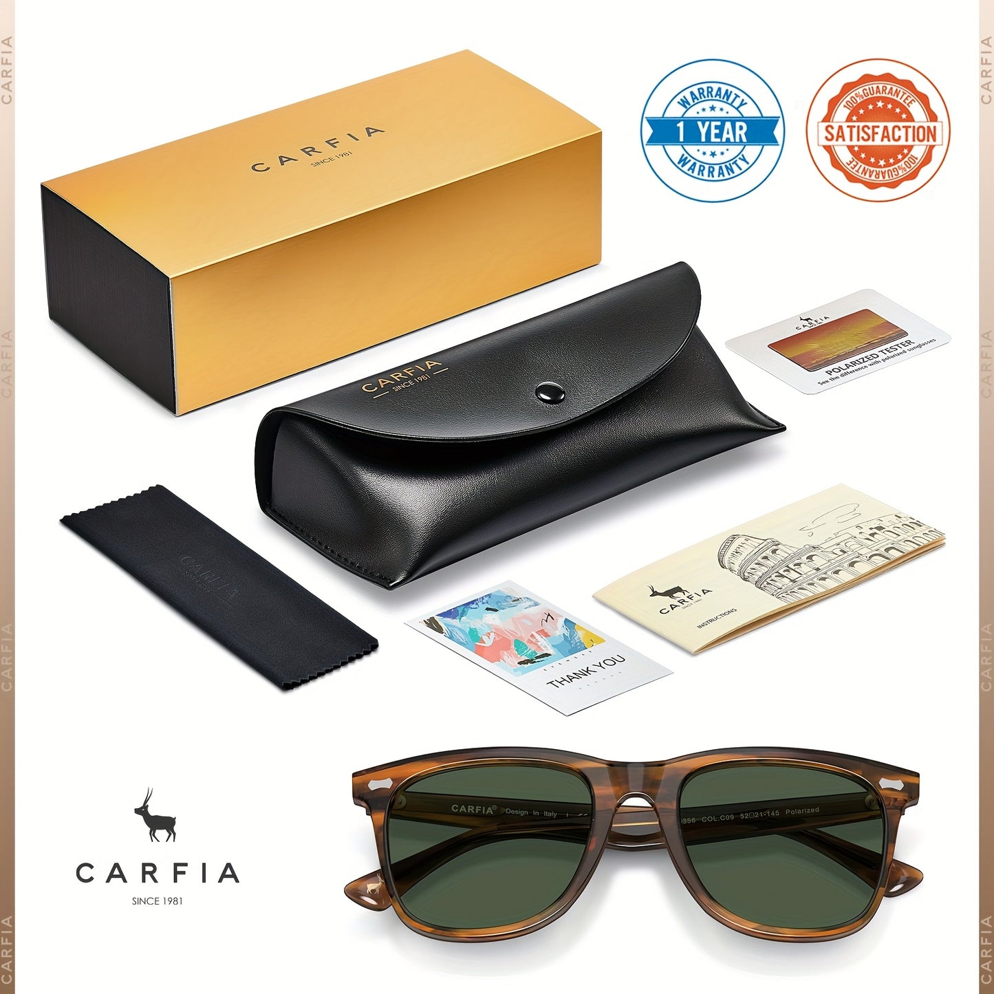 CARFIA Square Polarized Glasses For Men UV400 Protection Retro Acetate Italian Hand-crafted Driving Shades