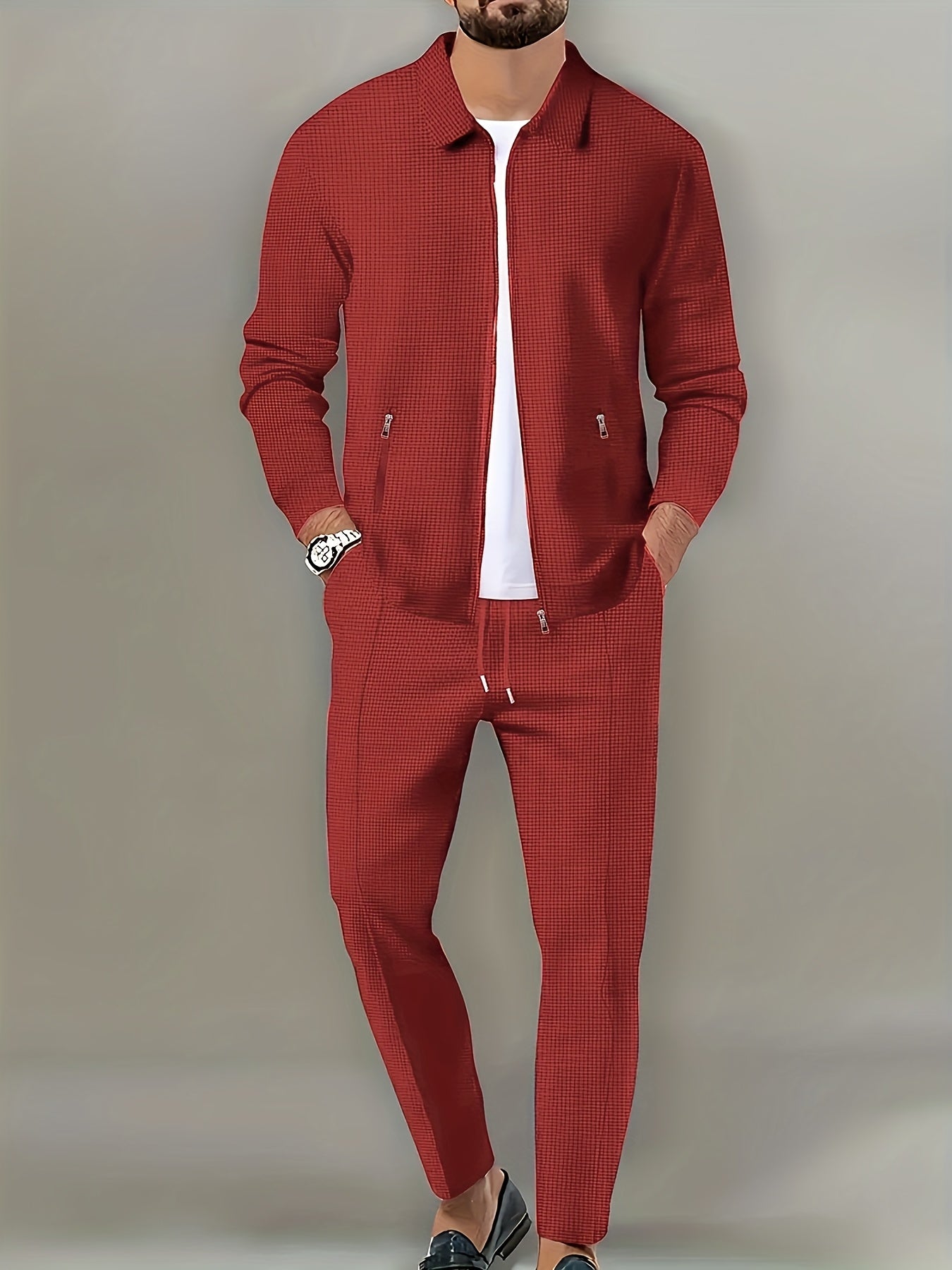 Men's Spring Waffle Knit Sportswear Set, European and American Style Casual Outfit