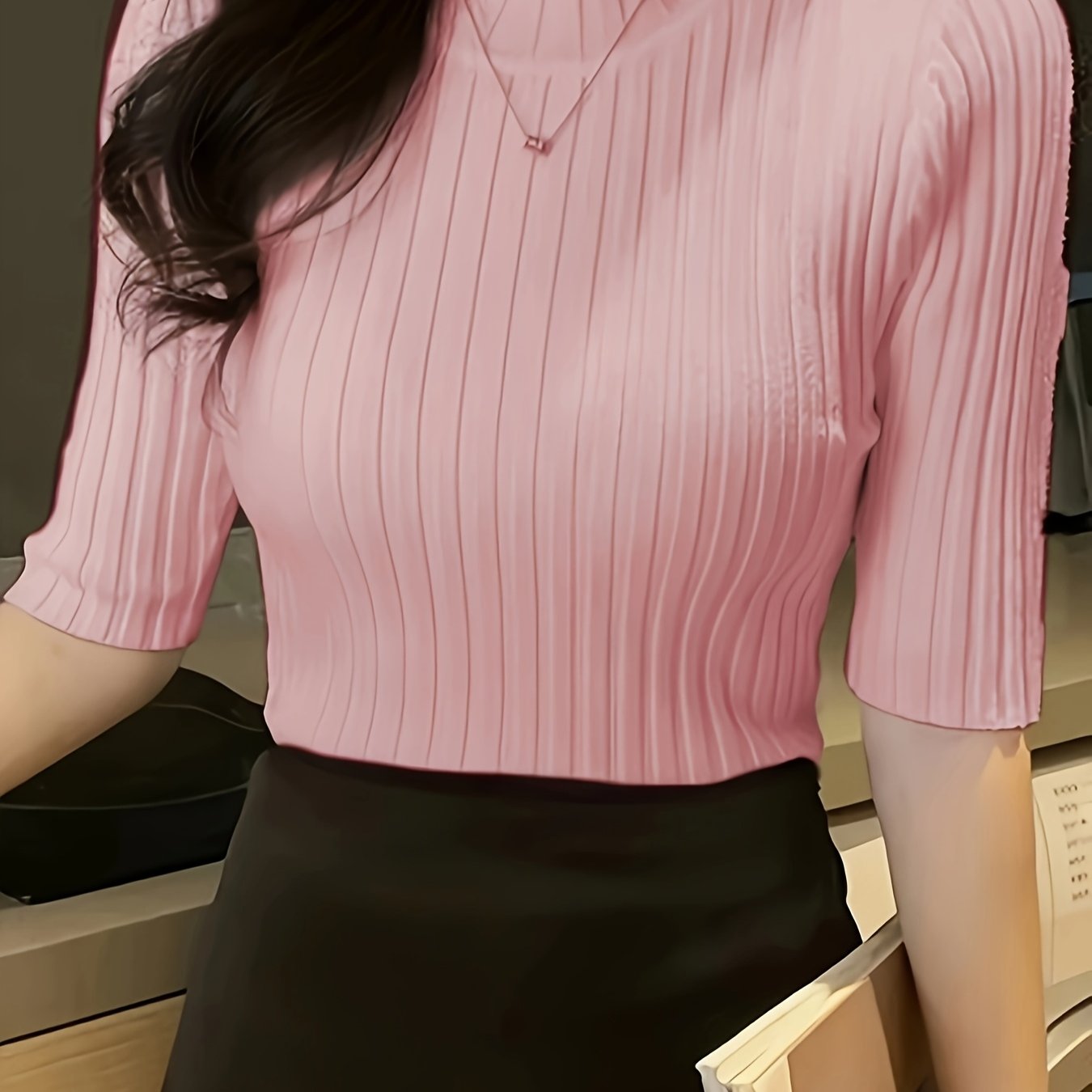 Women's Elegant Solid Color Ribbed Pullover Top - Short Sleeve Regular Fit Machine-Washable All-Season Versatile Blouse for Casual & Formal Wear