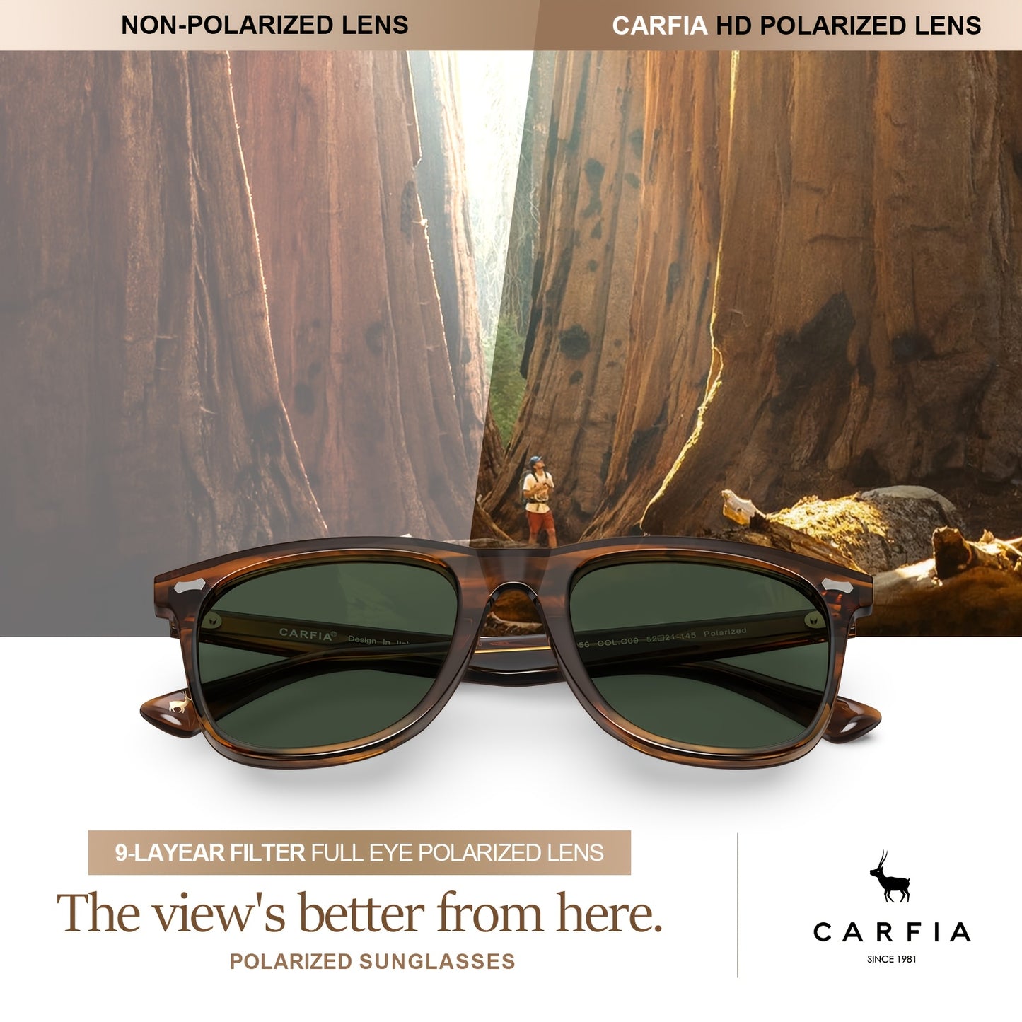 CARFIA Square Polarized Glasses For Men UV400 Protection Retro Acetate Italian Hand-crafted Driving Shades