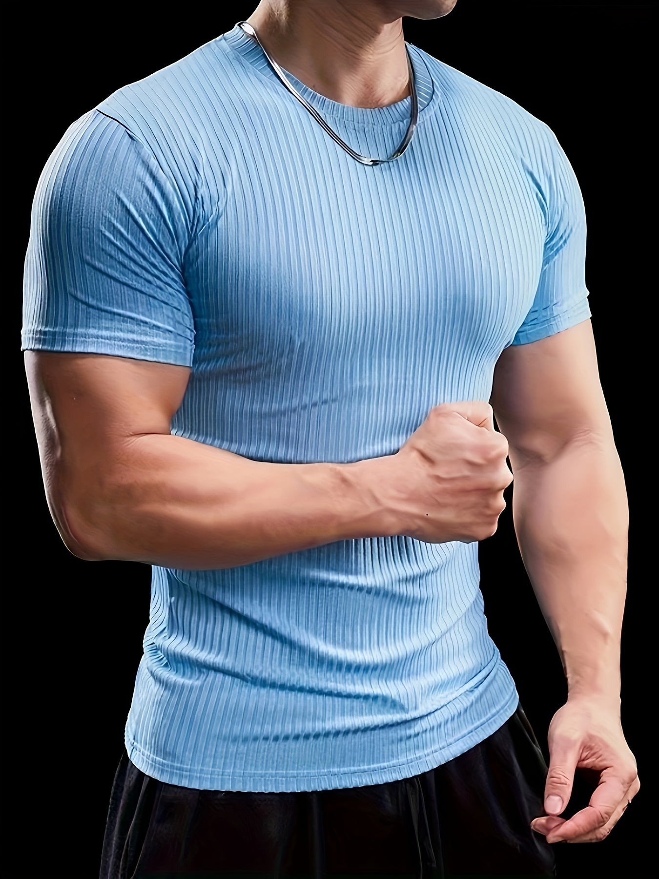 Men's Stretch Fit Short Sleeve T-Shirt - Breathable, Comfortable Polyester Blend, Solid Blue, Crew Neck, Casual Sporty Style for Spring/Summer