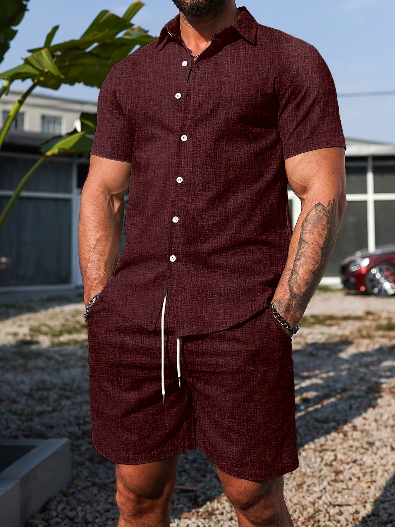 Bechimai Custom Men'S Solid Color Turn- Collar Summer Fresh Suit Double- Shirt Fabric Short-Sleeve Shirt and Shorts Casual Summer Set
