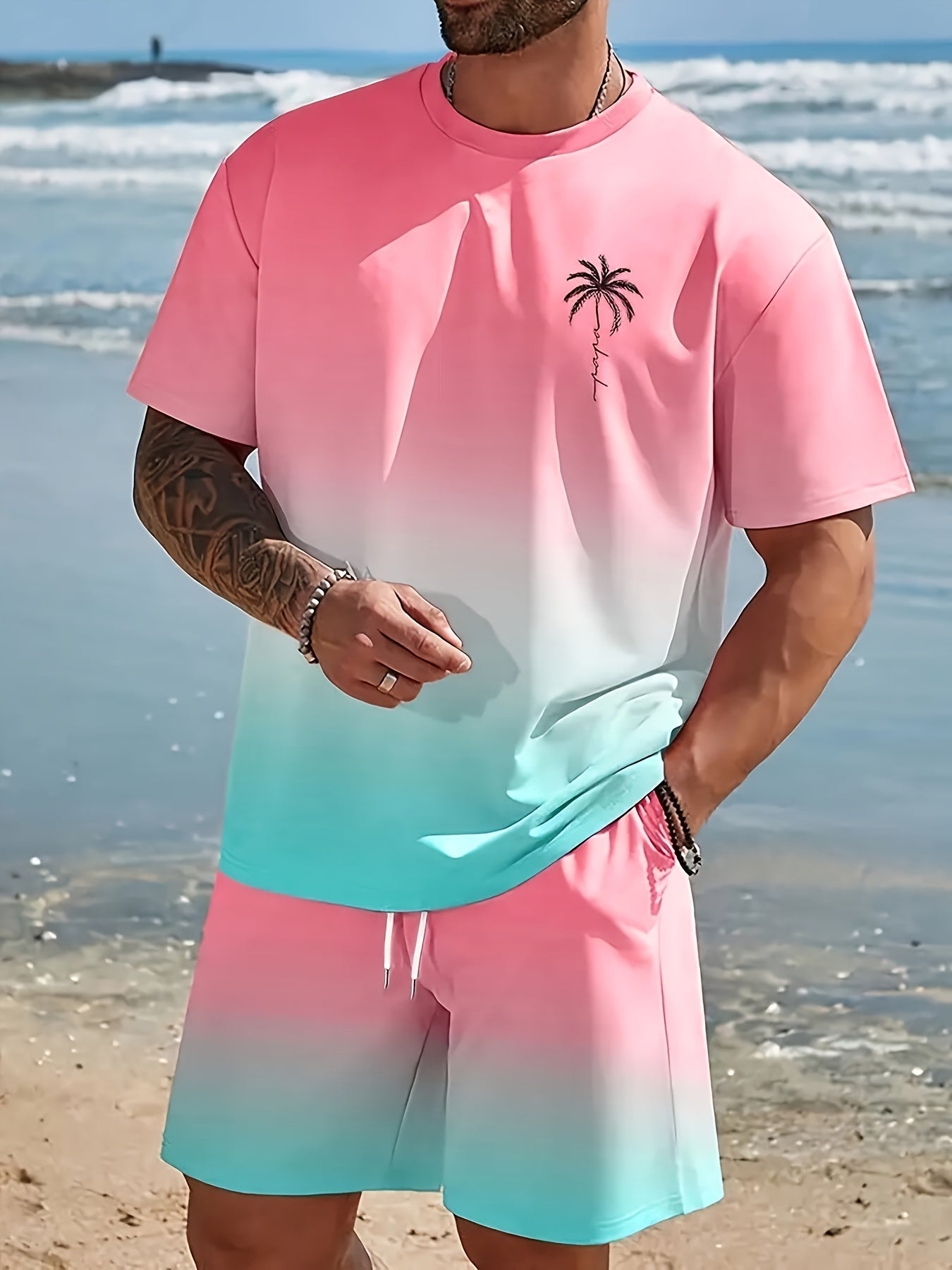 Men's fashion crewneck short-sleeved shorts two-piece set, 3D digital printing HD pattern, summer leisure and comfortable vacation sports Men's wear