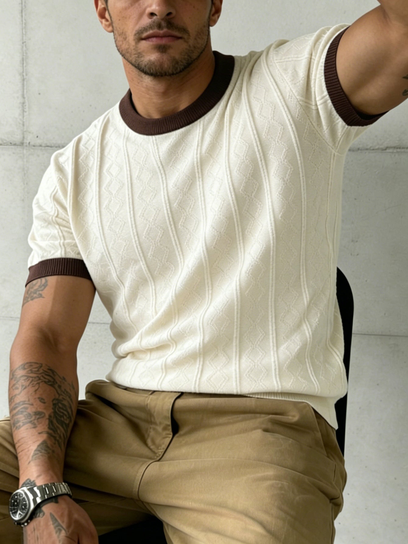 Men's Jacquard Knit Crew Neck Short Sleeve T-Shirt