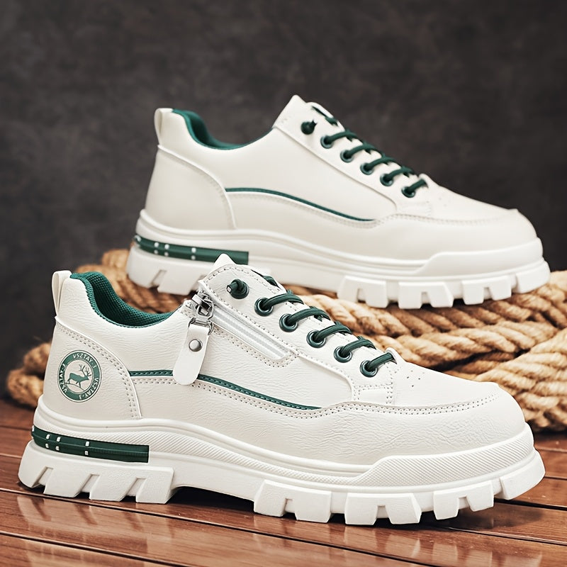 Men's Casual Sneakers - White Green Low-Top Design, Comfortable PU Upper with Fabric Lining, Durable PVC Sole, Perfect for Casual Attire and Sports