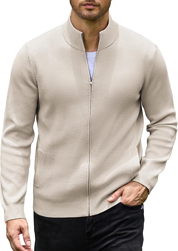 Men's Casual Zip-Up Knitted Cardigan Sweater with Stand Collar