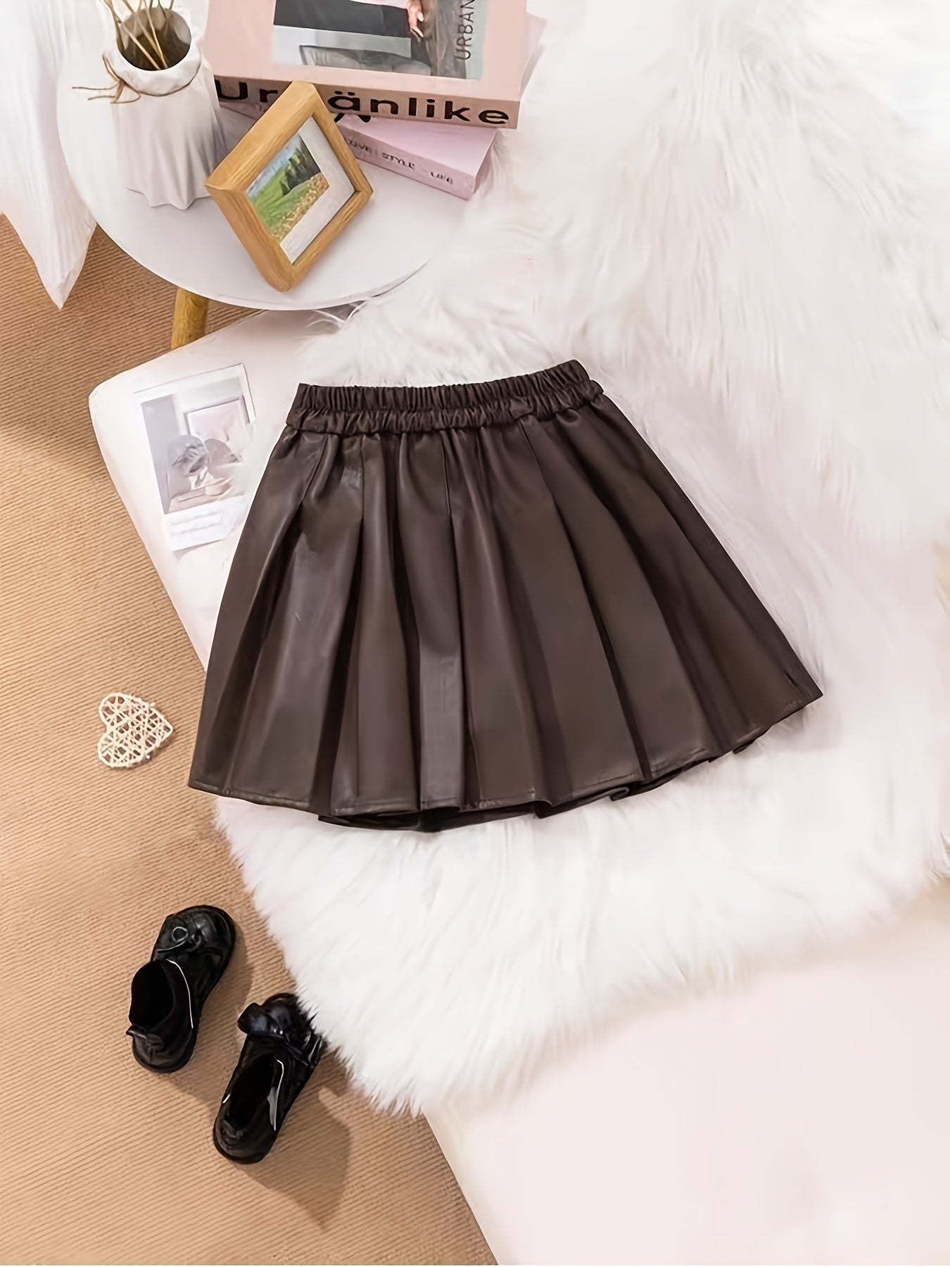 Girls' Preppy A-Line Cotton Pleated Skirt with Belt, Black