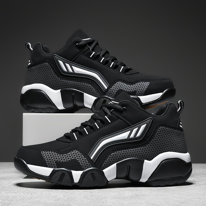 Men's Casual Sporty Sneakers - High Quality PU Upper, Non-Slip Rubber Sole with Cushioned Comfort Inner Arch Support, Low-Top Lace-Up Design for All-Day Wear (Black/White) - Spring/Fall/Winter Seasonal Versatility, Comforta