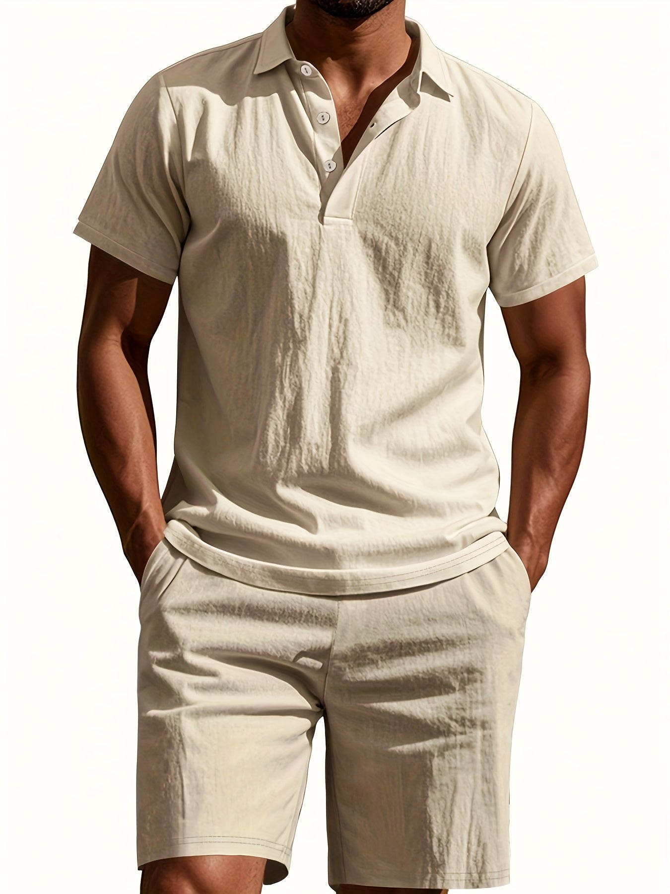 Essential for a Cool Summer! Men's Linen Shirt & Shorts Set, Comfortable Casual Outing Choice - Simple Beach Vacation Style Solid Color Linen