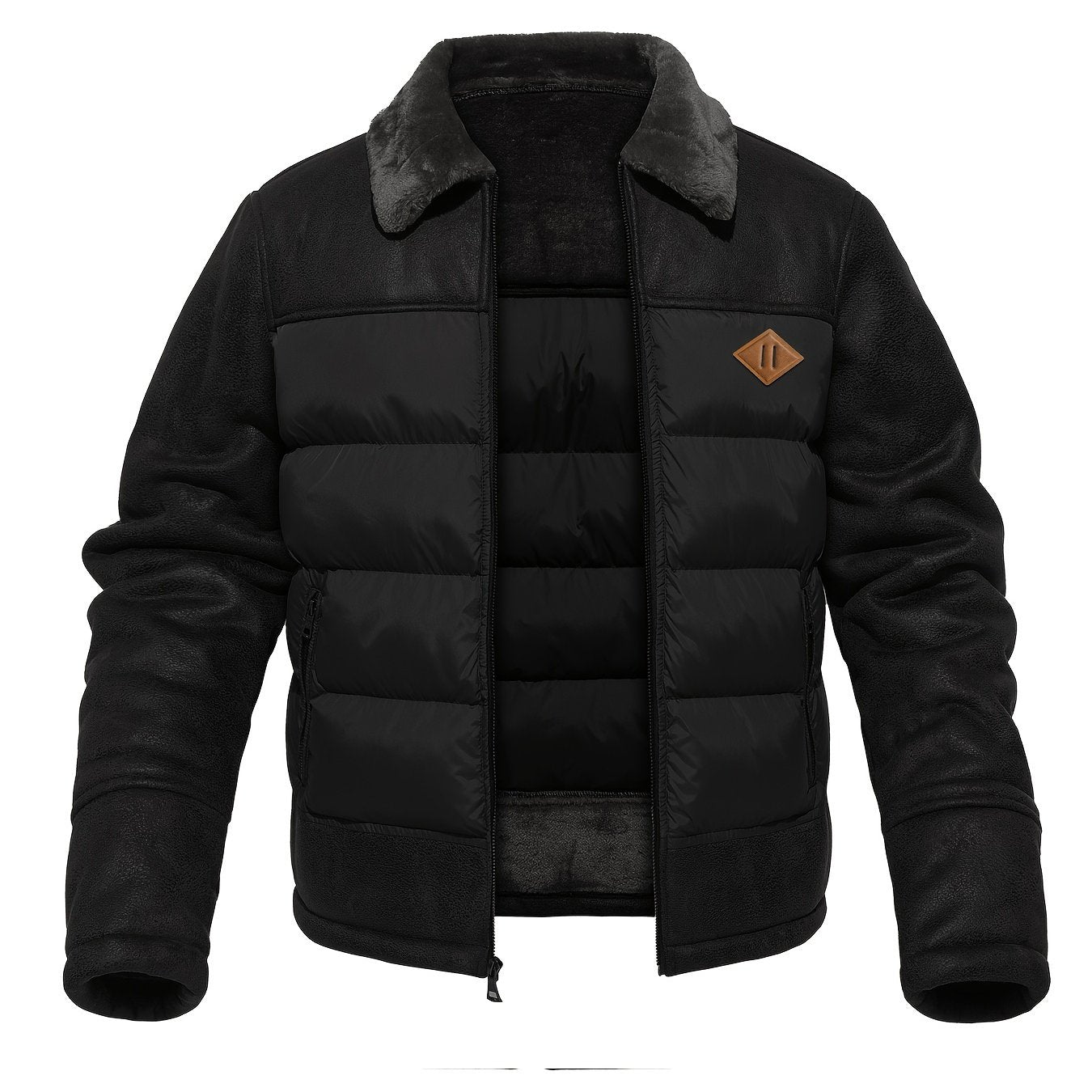 Men'S Casual Jacket with Faux Fur Collar, Polyester 100% Solid Color, Long Sleeve, Zipper Closure, Regular Fit, Woven Fabric, Outdoor Hiking Jacket with 60g/m² Lining Weight